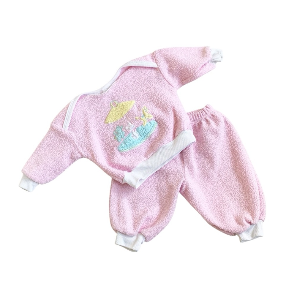VINTAGE | Pink Fleece Baby Sweater and Pants Set with Carousel Design